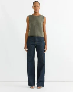 Boat Neck Knit Tank in Olive