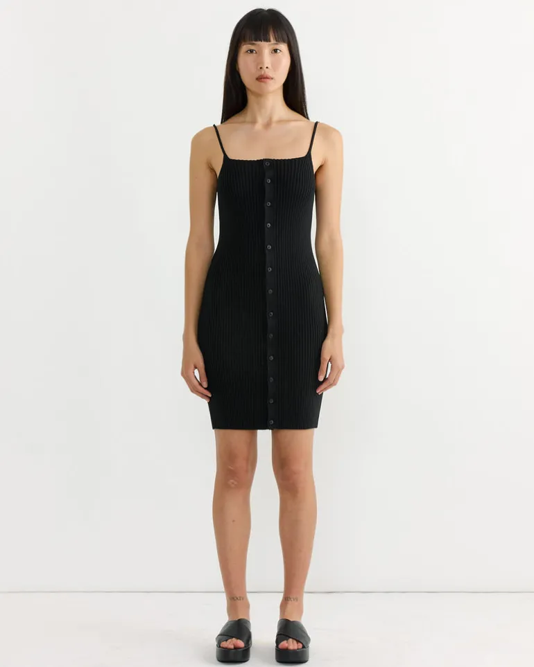 Cotton Silk Rib Mini Dress in Black