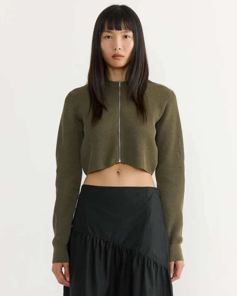 Flat Yarn Crew Neck Zip Cardigan in Khaki