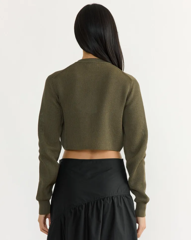 Flat Yarn Crew Neck Zip Cardigan in Khaki
