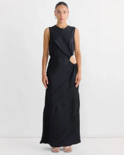 Gathered Cutout Maxi Dress in Black