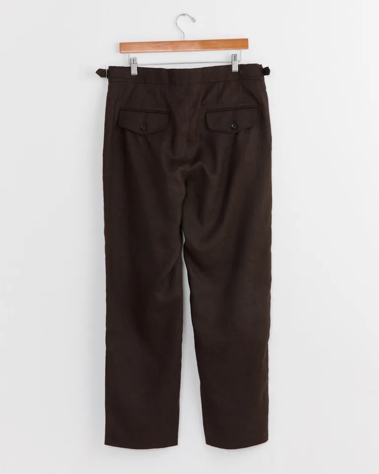 Lightweight Linen Side Buckle Trouser in Brown Black