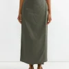 Linen Blend Maxi Wrap Skirt in Olive