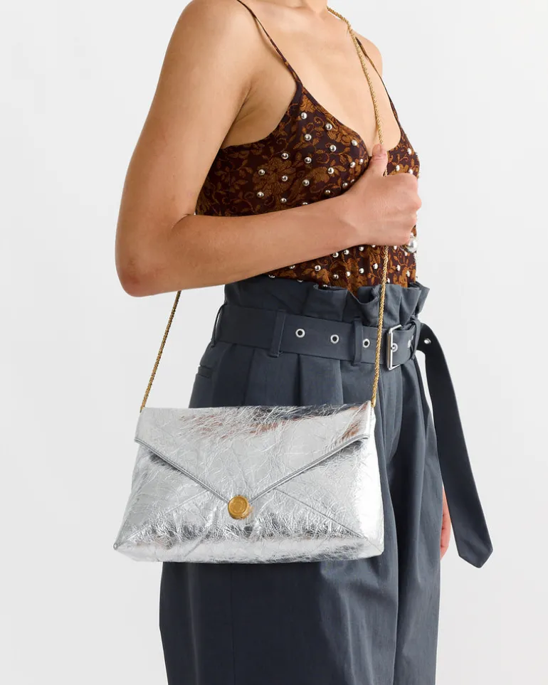 Metallic Leather Clutch in Silver
