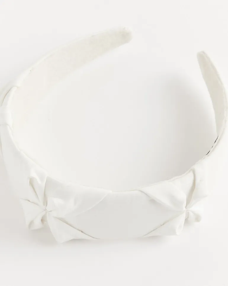 Satin Smocked Flower Headband in White