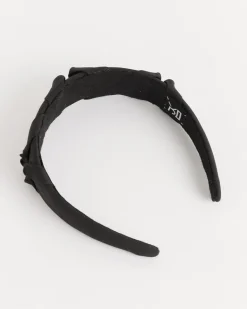 Satin Smocked Flower Headband in Black