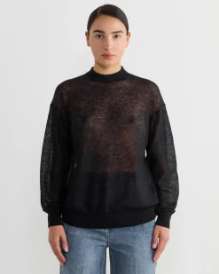 Sheer Sweater Crewneck Easy Pullover in Dark Navy
