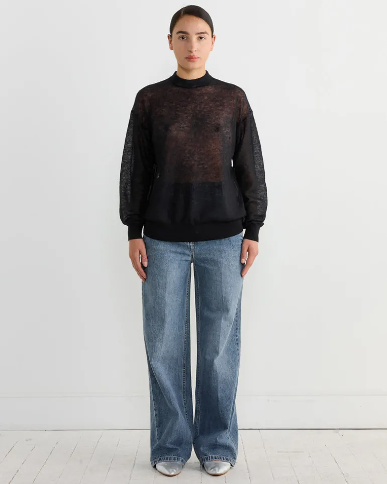 Sheer Sweater Crewneck Easy Pullover in Dark Navy