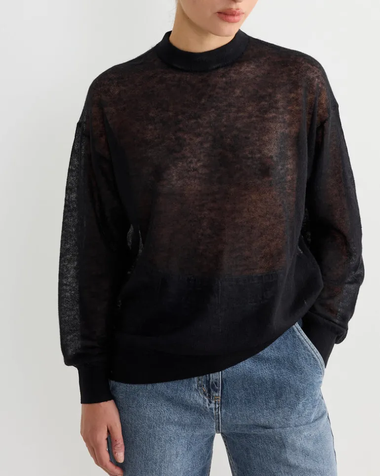 Sheer Sweater Crewneck Easy Pullover in Dark Navy