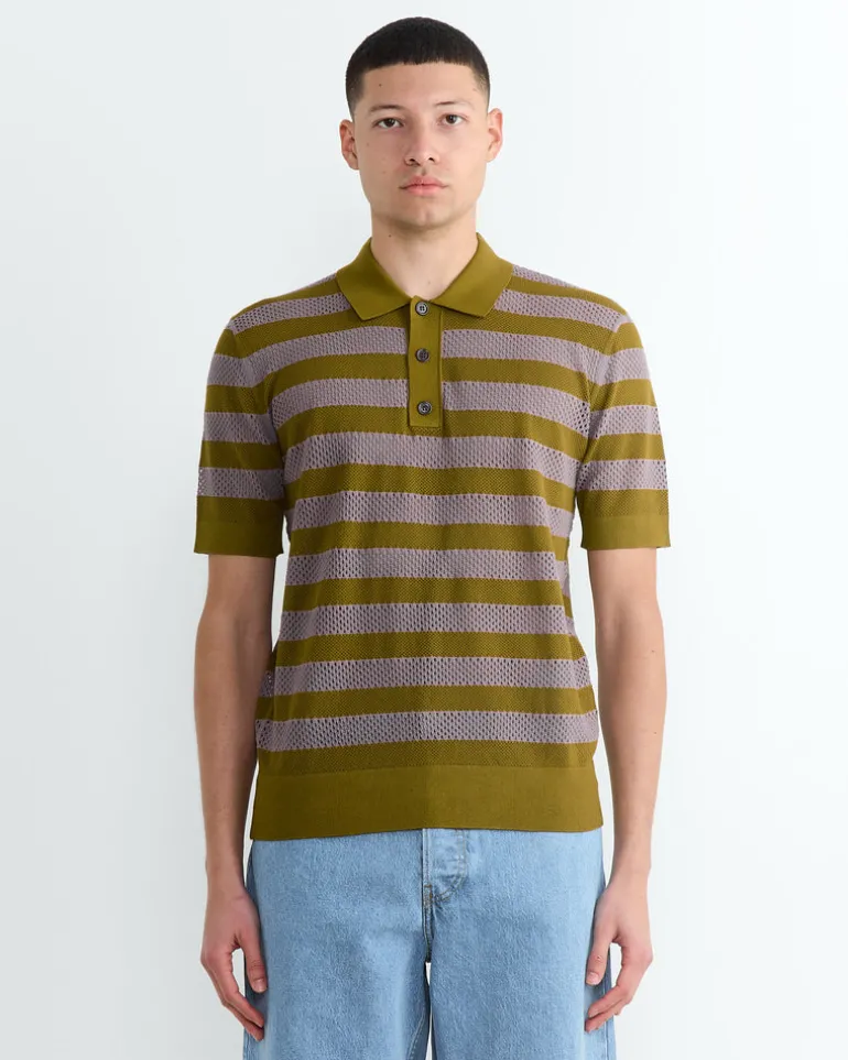 Stripe Knit Polo in Olive