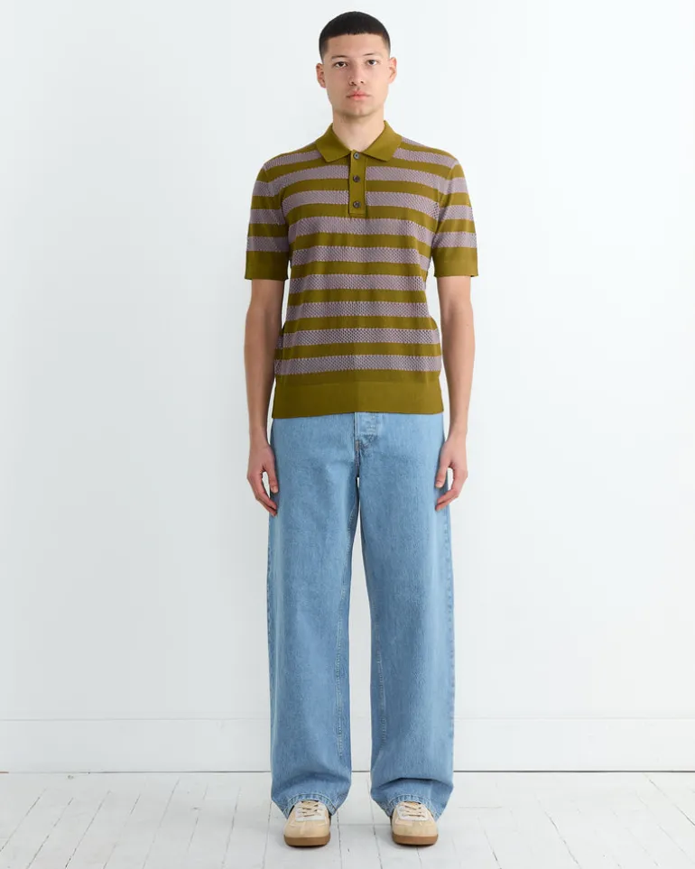 Stripe Knit Polo in Olive
