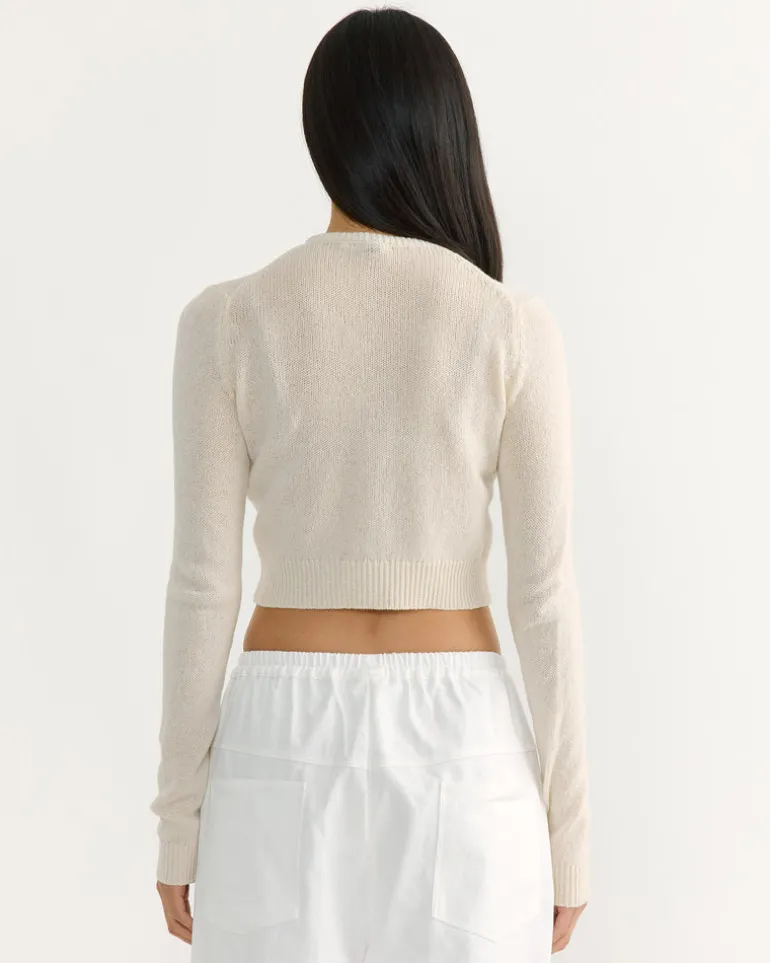 Summer Cashmere Crew Neck Cardigan in Ivory White