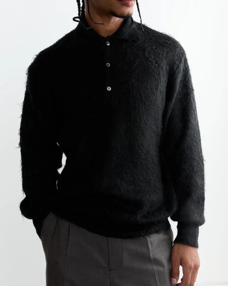 Super Kid Mohair Knit Polo Sweater in Black