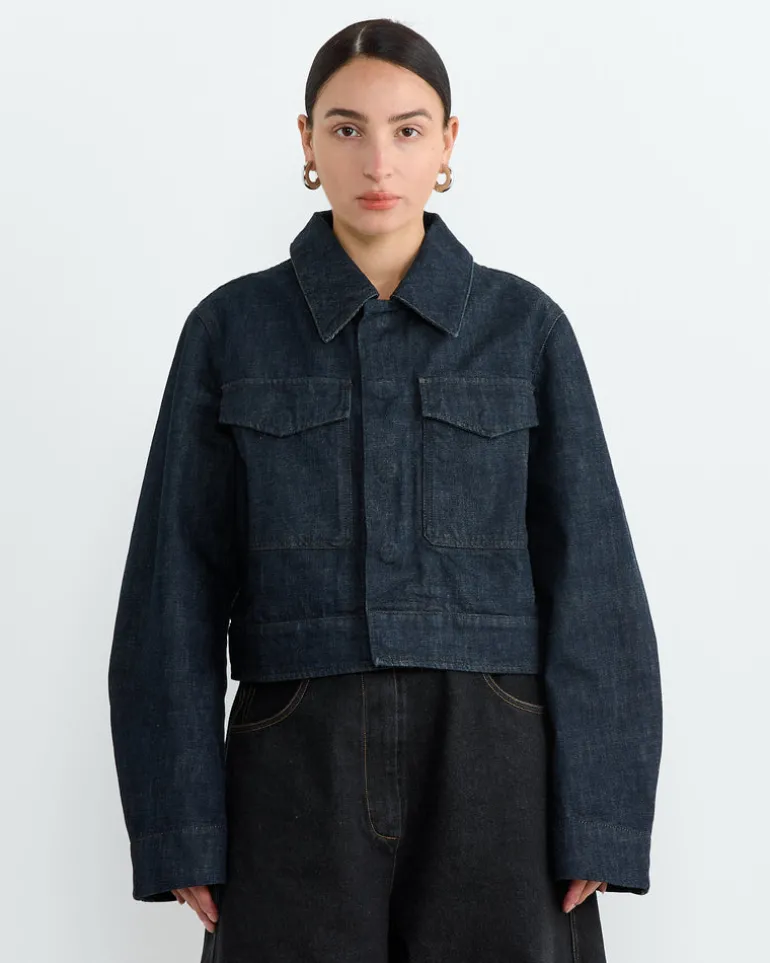 Two Pocket Cropped Jacket in Denim Indigo