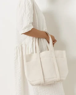 Washed Canvas 6 Pocket Tote Bag in White Small