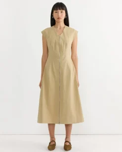 Zip Front Sleeveless Dress in Sand
